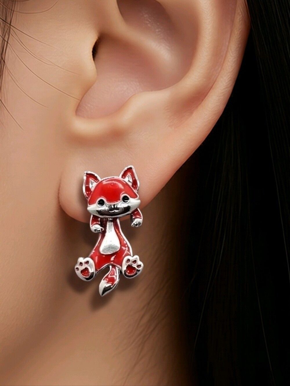 Red Fox Earrings Pierced Ear Jackets Silver Cartoon Forest Woods Animal Novelty